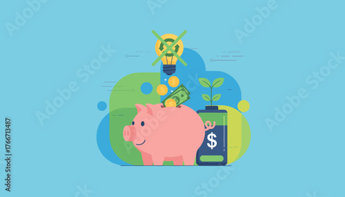 Vibrant illustration of a pink piggy bank receiving coins and a banknote, symbolizing saving money, next to a battery with a growing plant, representing energy conservation and sustainable
