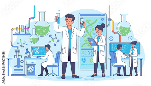 Diverse team of scientists in a modern laboratory conducting research with test tubes, microscopes, computers displaying DNA and molecular structures, and advanced equipment, symbolizing scientific