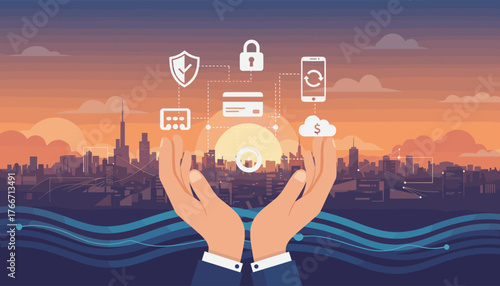Hands cradling a network of digital payment and security icons against a vibrant cityscape sunset, symbolizing financial technology, online transactions, data protection, and secure mobile banking