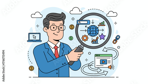 Vivid illustration of a businessman in a blue suit and red tie using a magnifying glass to analyze SEO marketing concepts, featuring a globe, charts, gears, and a search bar, symbolizing data