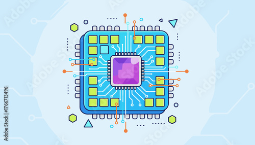 Vibrant and modern flat vector illustration of a semiconductor microchip, symbolizing advanced technology, digital processing, and the interconnectedness of electronic components with circuit board