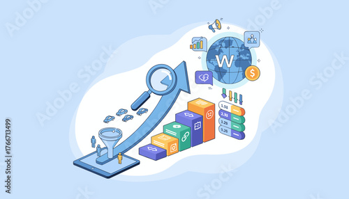 SEO Search Engine Optimization Concept: A visual representation of digital marketing strategies, including website traffic funnel, growth charts, magnifying glass analysis, global reach, and
