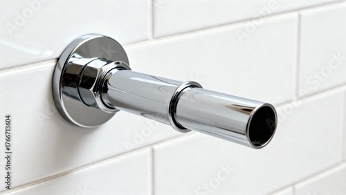 Wall-mounted chrome pipe on white tiles, clean, bathroom fitting