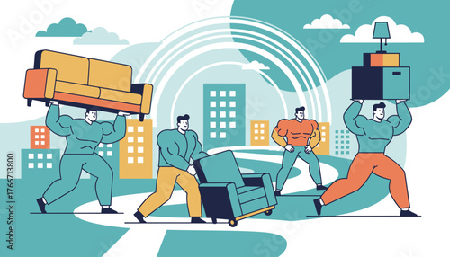 Vivid illustration of muscular, stylized flat-design people engaged in moving furniture and boxes, set against a backdrop of abstract city buildings and a rainbow arc, symbolizing relocation and