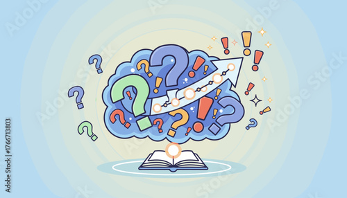 Conceptual illustration of frequent questions and answers, problem-solving, and the journey of knowledge acquisition, depicted as a brain filled with question marks and exclamation points, with an