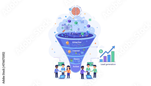 Conceptual illustration of a sales funnel representing lead generation and customer journey stages: Attraction, Interest, Desire, and Action, with business people interacting and a growth chart