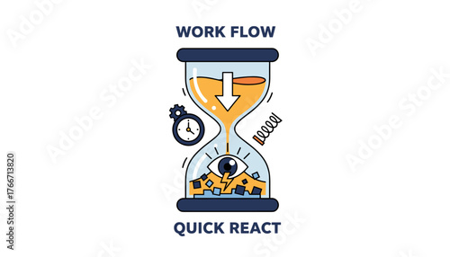Conceptual vector illustration of a workflow and quick reaction represented by an hourglass with sand falling, an eye observing, a clock with gears, and a spring, all on a clean white background