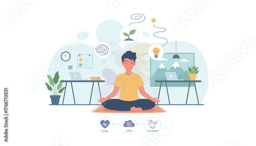 Vivid vector illustration depicting a person meditating in a lotus pose at their workspace, symbolizing a harmonious balance between work, mind, body, and emotions, with icons representing growth