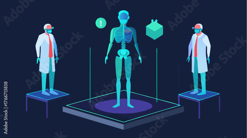 A holographic projection showcasing 3D anatomical models allowing doctors to manipulate and explore organ systems while annotations provide diagnostic information.
