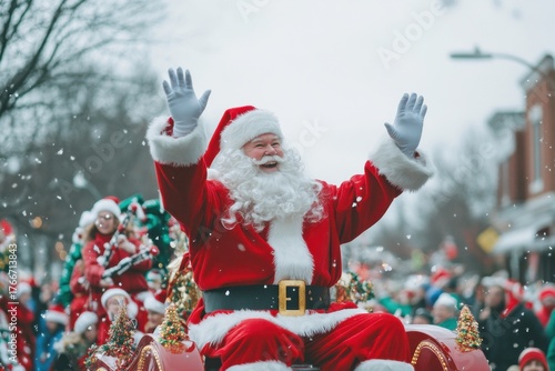 Joyful Santa Claus in red suit with white fur trim waves happily during festive Christmas parade with snow falling and crowd celebrating in background