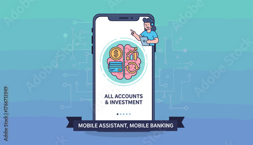 Vivid vector illustration of a virtual business assistant on a smartphone screen, offering mobile banking and investment services, with icons representing finance, credit cards, and growth charts