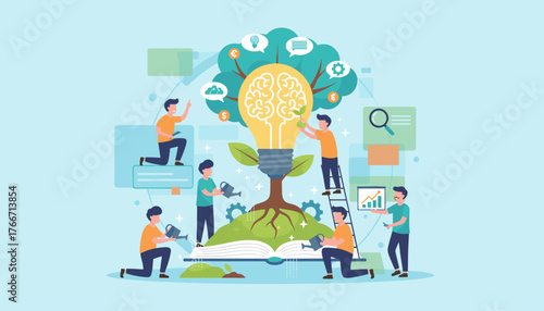 Vibrant vector illustration depicting a team of people collaborating to nurture and grow innovative ideas, symbolized by a glowing lightbulb tree sprouting from an open book, representing knowledge
