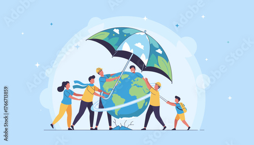 Diverse group of people working together to protect the planet Earth under a large, leaf-patterned umbrella, symbolizing environmental conservation and global unity, with a light blue background and