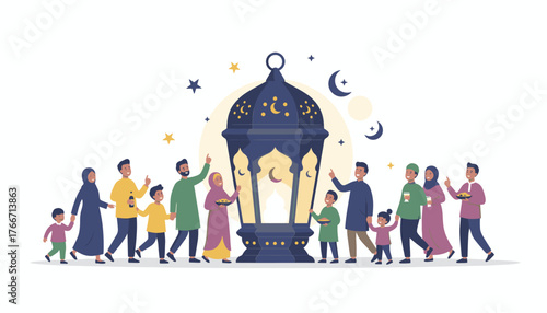 A diverse group of Muslim families, including adults and children, joyfully gather around a large, ornate Fanoos lantern, celebrating Ramadan or Eid al-Fitr with traditional attire and festive