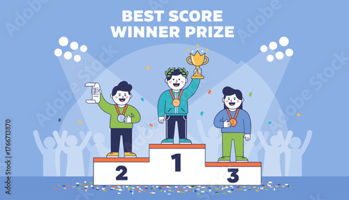 Vector illustration of three happy cartoon characters standing on a winner's podium, celebrating victory with a trophy and medals, confetti falling, spotlights shining, representing achievement