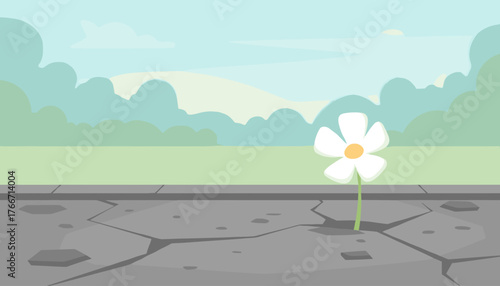 A single white daisy with a yellow center bravely pushes through a cracked asphalt street, symbolizing resilience and hope against urban decay, set against a soft-focus background of green parkland