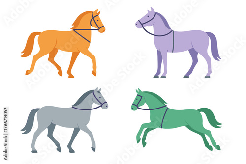 Set of four colorful stylized horses walking and running in different directions