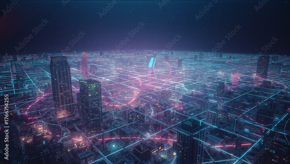 Fototapeta premium Illuminating futuristic skyline shimmering at night, with neon-blue and pink grid overlay