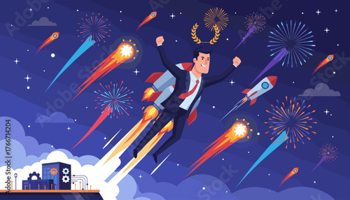 Dynamic illustration of a businessman in a suit soaring upwards on a rocket, symbolizing business growth, innovation, and rapid progress, set against a vibrant night sky filled with colorful