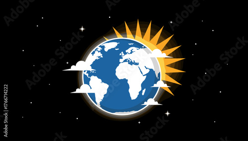 Vibrant illustration of planet Earth in space, partially illuminated by a radiant, stylized sun with sharp rays, set against a dark, star-filled sky with fluffy white clouds, symbolizing global