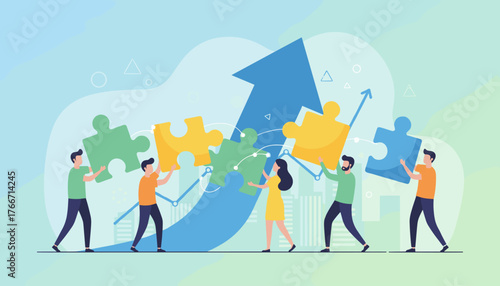 Business concept of teamwork and collaboration, represented by diverse people connecting puzzle pieces against a backdrop of an upward trending arrow and abstract shapes, symbolizing growth and