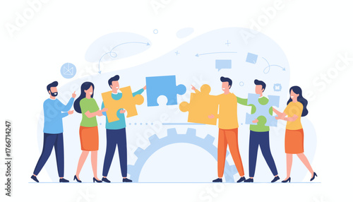Business concept metaphor of teamwork and collaboration, diverse group of people connecting puzzle pieces together, symbolizing strategy, problem-solving, and shared goals in a modern flat