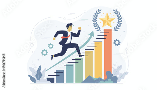 Dynamic illustration of a businessman in a suit energetically running up a colorful bar graph staircase towards a golden star award, symbolizing business growth, career advancement, success, and