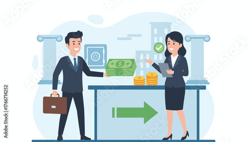 Business loan or bank offer, money agreement, a man in a suit with a briefcase hands over a stack of cash to a woman in a suit holding a tablet, with coins, a safe, and buildings in the background