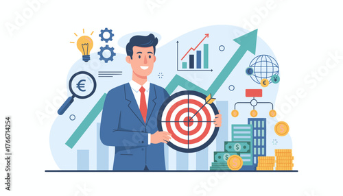 Successful businessman holding a target with an arrow in the center, symbolizing business goals and achievement, surrounded by financial growth charts, currency symbols, and gears, representing