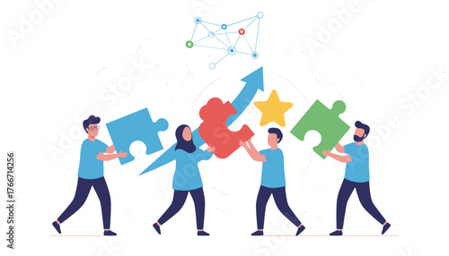 Diverse team of professionals collaborating to connect puzzle pieces, symbolizing business strategy, teamwork, and achieving goals with a rising arrow and star, representing success and innovation in