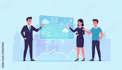 Diverse business professionals collaborating around a futuristic holographic interface displaying cloud technology, email icons, and data analytics, symbolizing teamwork, digital communication, and