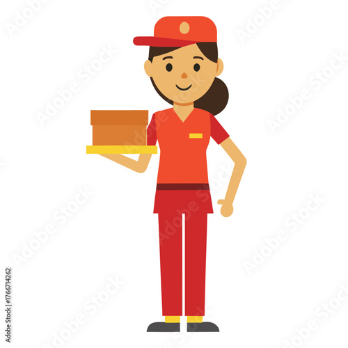 Female Delivery Person Holding Pizza Box. Vector Character for Animation and Design.eps