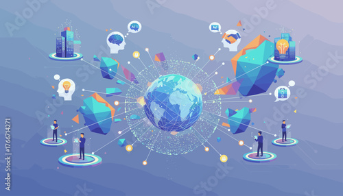 Global network of interconnected business concepts, featuring a digital earth surrounded by abstract geometric shapes, AI brains, lightbulbs representing ideas, and people interacting with