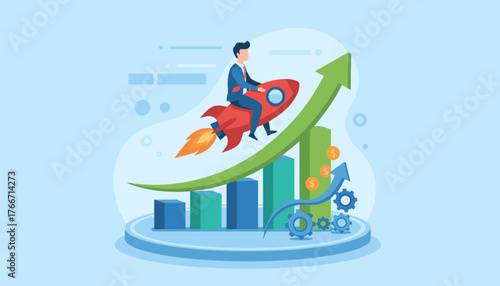 Conceptual illustration of business growth and investment success, featuring a businessman riding a rocket ascending a vibrant green arrow graph, symbolizing profit increase and financial upward