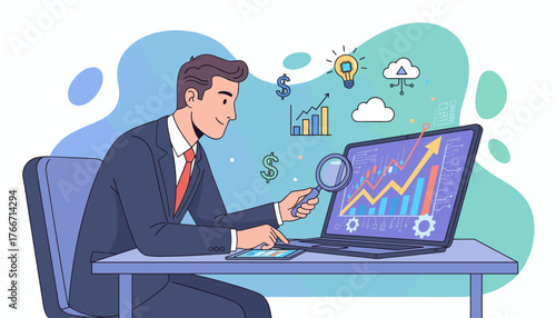 A focused businessman in a suit analyzes a vibrant stock market graph on his laptop, using a magnifying glass and tablet, surrounded by icons representing finance, ideas, and cloud technology