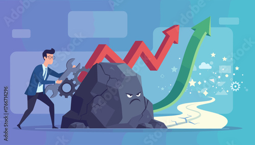 Business transformation concept: a determined businessman with tools attempts to overcome an obstacle represented by an angry rock, symbolizing challenges in achieving growth and success, with upward