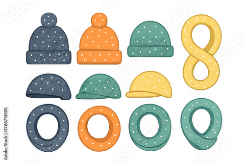 Colorful winter hats and abstract geometric shapes with polka dot pattern