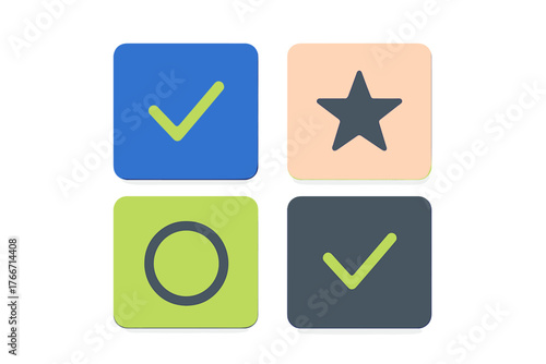 Colorful user interface icons for selection, completion, rating, and status indicators