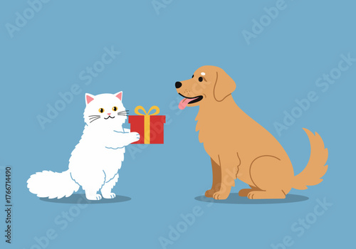 A charming white cat gives a special natal celebration gift to a happy golden retriever dog, illustrating a cute moment of friendship