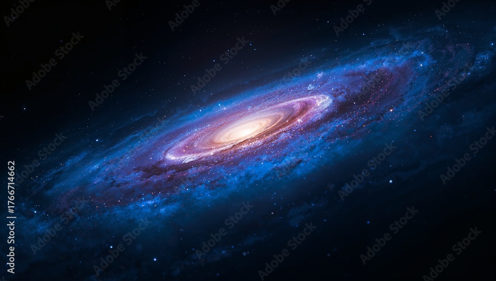 Fototapeta premium Spiral galaxy rotating in deep space, with bright core, dust lanes, gas clouds, star clusters