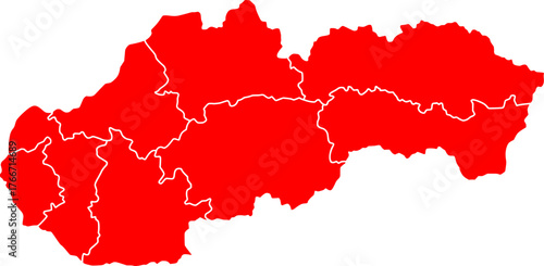 Red vector political map of Slovakia national outline with all 8 regions (kraje) internal boundaries, filled with a solid red color, presented as a map of the Central European country.
