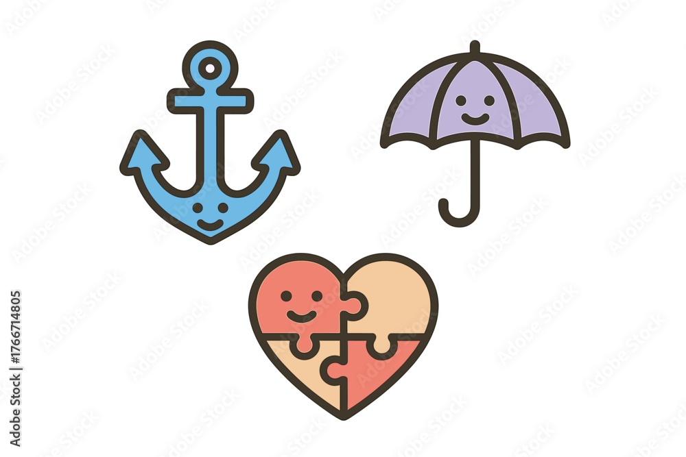 Obraz premium Set of cute cartoon icons featuring an anchor, umbrella, and heart puzzle with smiling faces