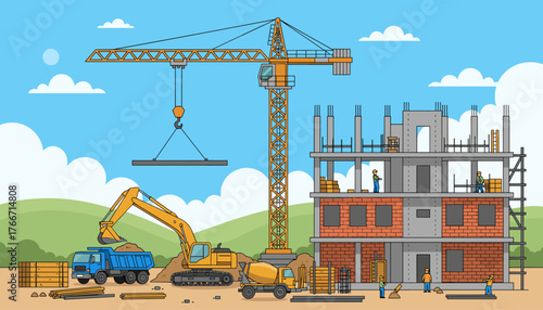 Vibrant illustration of a bustling construction site featuring a towering yellow crane lifting steel beams, an excavator loading a blue dump truck with dirt, a concrete mixer truck, and workers