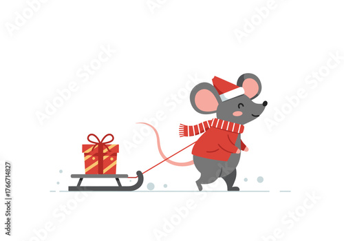 Charming Natal Illustration of a Cute Mouse in a Santa Hat Pulling a Sleigh Laden with a Gift Box, Festive Winter Celebration