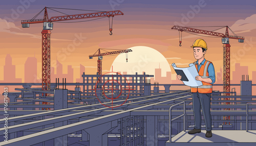 Vibrant illustration of a construction manager in a hard hat and safety vest reviewing blueprints at a large-scale construction site with cranes and unfinished buildings against a sunset sky.