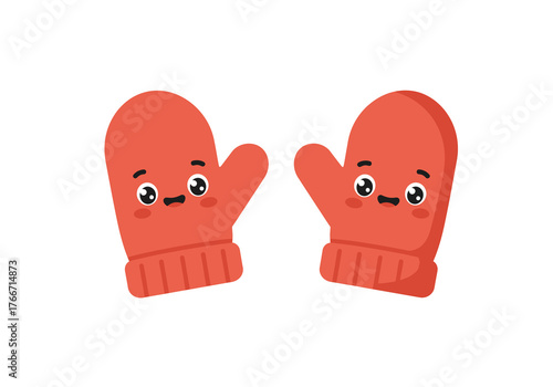 A charming pair of red natal mittens, playfully adorned with happy faces, perfectly evoking cozy warmth and festive winter joy in a vibrant graphic illustration
