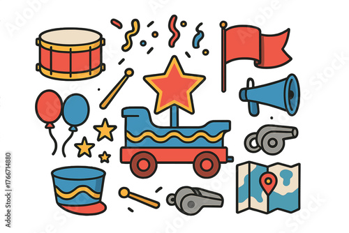 Vibrant parade and celebration elements featuring drum, flag, balloons, and party supplies