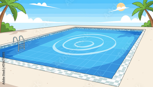 A vibrant, cartoon-style illustration of a crystal-clear blue swimming pool on a sunny day, featuring a metal ladder, swirling water patterns, palm trees, fluffy clouds, and a bright sun, perfect for