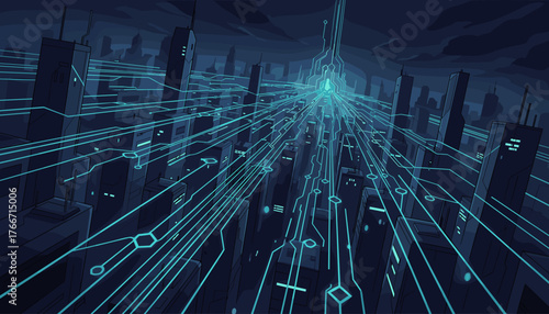 Futuristic cityscape at night, illuminated by a vibrant blue digital network overlay, symbolizing data flow and connectivity in a modern metropolis, with towering skyscrapers and a dramatic, cloudy