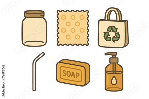 Collection of zero waste and sustainable lifestyle products including reusable jar, tote bag, soap, and straw